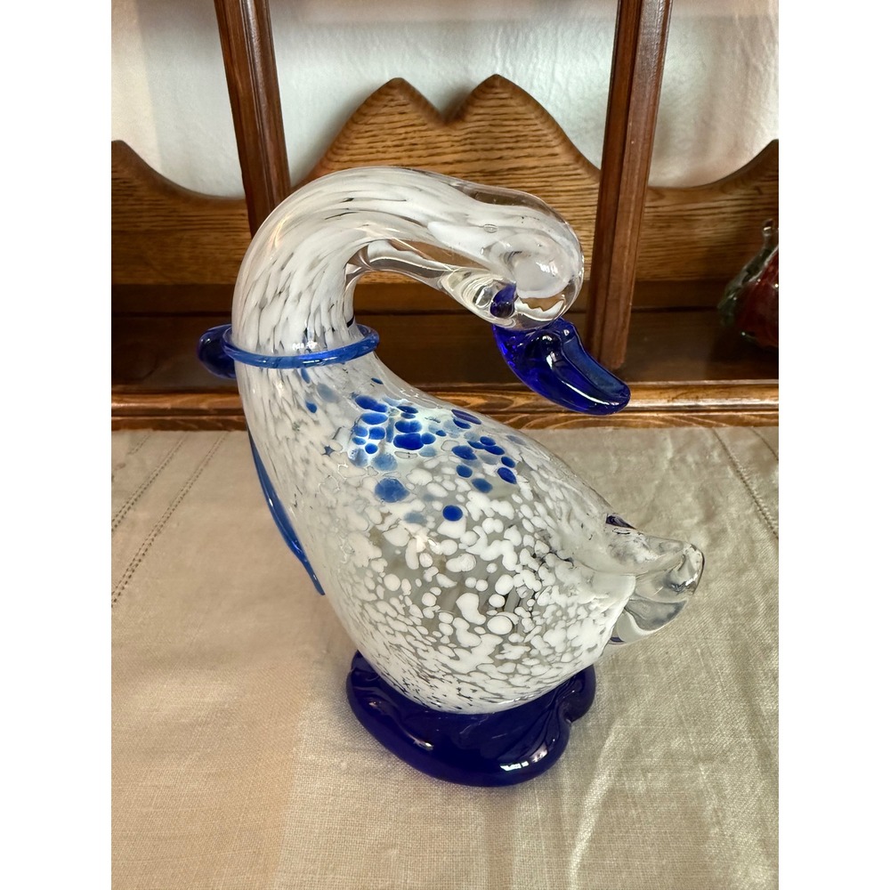 Vintage Hand Blown Cobalt Blue White Spatter Art Glass Goose Figurine with Bow